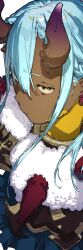  1girl absurdres aqua_hair dark-skinned_female dark_skin demon_girl earrings hair_between_horns hashtag-only_commentary highres horns jewelry looking_at_viewer original shiloroshi simple_background skin-covered_horns solo 