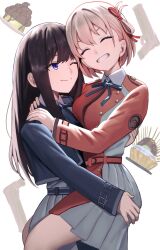  2girls between_legs black_hair blonde_hair blue_dress blue_ribbon carrying carrying_person clip_studio_paint_(medium) closed_eyes commentary dress food grin gun hair_ribbon hand_on_another's_back hand_on_another's_shoulder hand_on_another's_waist handgun hashtag-only_commentary highres inoue_takina lycoris_recoil lycoris_uniform multiple_girls neck_ribbon nishikigi_chisato one_eye_closed one_side_up red_dress red_ribbon ribbon roco221214 short_hair simple_background smile violet_eyes weapon white_background yuri 