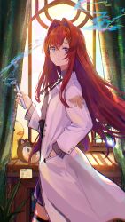 1girl absurdres ange_katrina ange_katrina_(lab_coat) banken_(inui_toko) black_necktie blue_eyes character_doll chromatic_aberration closed_mouth coat collared_shirt colored_smoke commentary_request crossed_bangs curtains doll flat_chest from_side hair_between_eyes hair_intakes hair_ornament hairclip hand_in_pocket hand_up highres holding holding_test_tube indoors lab_coat long_hair long_sleeves looking_at_viewer looking_to_the_side necktie nijisanji official_alternate_costume open_clothes open_coat plant red_hair rei_(farta_litia) sebastian_piyodore shirt sidelocks skirt smile smoke solo square-end_necktie stuffed_animal stuffed_toy test_tube thigh_strap triangle_hair_ornament turning_head very_long_hair virtual_youtuber white_coat window 