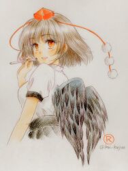  1girl black_skirt black_wings blush breasts brown_hair commentary_request cropped_torso feathered_wings grey_background hand_up hashtag-only_commentary hat highres holding holding_pen looking_back medium_breasts one-hour_drawing_challenge pen pleated_skirt pom_pom_(clothes) puffy_short_sleeves puffy_sleeves q-bee_(aaru) shameimaru_aya shirt short_hair short_sleeves sideways_glance skirt solo tokin_hat touhou traditional_media twitter_username white_shirt wings 