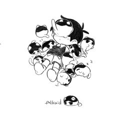  1boy animalization antenna_hair cat chibi chibi_only closed_mouth collared_shirt commentary etursaemajoris full_body greyscale highres lying male_focus monochrome omori omori_(omori) on_back shirt short_sleeves shorts simple_background sleeping socks solo sunny_(omori) sweater_vest untranslatable_commentary zzz 