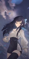  1girl black_hair black_thighhighs hanabasami_kyou highres holding holding_scissors long_hair long_sleeves looking_at_viewer re:act rishe_(reeeeshe) scissors solo thigh-highs virtual_youtuber 