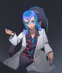  1girl black_background black_dress blue-tinted_eyewear blue_eyes blue_hair blue_nails blue_necktie chair closed_mouth coat commentary crossed_legs dress english_commentary gaming_chair glasses hair_rings lab_coat lipstick long_hair long_sleeves mable_(pokemon) makeup necktie on_chair open_clothes open_coat pantyhose pokemon pokemon_legends:_z-a red_lips safety_glasses simple_background sitting swivel_chair sylvaur_(serpygardy) tinted_eyewear white_coat 