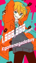  1boy aqua_background aqua_eyes aqua_necktie arms_up arusechika bandaid bandaid_on_cheek bandaid_on_face black_flower black_pants blonde_hair blood blood_splatter collared_shirt commentary cowboy_shot cuffs ego_renegade_boy_(vocaloid) flower grey_sweater_vest grin hair_between_eyes handcuffs highres hood hood_down hooded_jacket jacket kagamine_len long_sleeves male_focus milestone_celebration necktie official_artist_extra open_clothes open_jacket orange_jacket pants ringed_eyes shirt short_hair smile solo song_name sweater_vest uneven_eyes untranslatable_commentary vocaloid white_shirt 