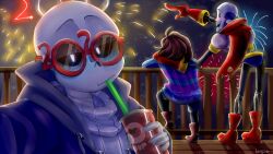  1other 2020 2d aerial_fireworks ambiguous_gender ankle_boots armor artist_name blue_jacket blue_shorts blue_sweater boots brothers brown_boots brown_hair can cape child digital_media double_horizontal_stripe drinking drinking_straw fireworks frisk_(undertale) galaxy975 gloves grey_hood grey_sweater half-closed_eyes hand_on_another's_shoulder height_difference holding holding_can hollow_eyes hood hood_down hooded_jacket horizontal-striped_clothes human humanoid jacket long_sleeves looking_at_viewer male male_focus monster monster_boy new_year night night_sky open_clothes open_jacket outdoors papyrus_(undertale) pink_stripes pointing pointing_forward railing red-framed_eyewear red_boots red_cape red_gloves round_eyewear sans_(undertale) selfie short_hair shorts siblings signature skeleton sky solo solo_focus striped_clothes striped_sweater sweater teeth tinted_eyewear two-tone_sweater undead undertale utdr_(toby_fox) white_armor 