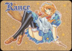  1990s_(style) 1girl apron aqua_eyes black_thighhighs blue_dress bow broom brown_shoes copyright_name dress full_body hair_bow hair_over_shoulder highres holding holding_broom kichikuou_rance long_hair looking_at_viewer maid maid_apron maid_headdress non-web_source official_art open_mouth outline pink_outline puffy_short_sleeves puffy_sleeves rance_(series) red_bow retro_artstyle scan shoes short_sleeves solo star_(symbol) thigh-highs twintails white_apron wrist_cuffs 
