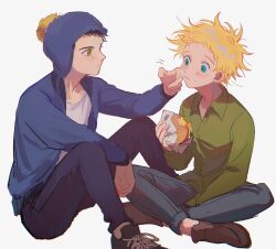 2boys animification arm_on_knee black_hair black_pants blonde_hair blue_eyes blue_hat blue_jacket blue_pants brown_eyes brown_shoes burger chullo chunai_tuju collared_shirt craig_tucker crew_neck eating food food_on_face food_wrapper green_shirt hat highres holding holding_burger holding_food indian_style jacket loafers long_sleeves looking_at_another male_focus multiple_boys open_clothes open_collar open_jacket pants shirt shoes simple_background sitting sneakers south_park tweek_tweak white_background white_shirt wiping_another's_face 