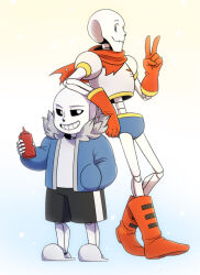  2019 2boys 2d aqua_background arm_on_another's_head arm_rest armor black_shorts blue_jacket blue_shorts boots bottle cape commentary deviantart_sample digital_media duo english_commentary full_body fur-trimmed_jacket fur_trim gameaddict1234 gloves gradient_background grey_fur holding holding_bottle hollow_eyes humanoid image_sample jacket ketchup_bottle long_sleeves male male_focus male_only monster monster_boy multiple_boys open_clothes open_jacket papyrus_(undertale) red_boots red_cape red_gloves sans_(undertale) shorts simple_background single_vertical_stripe skeleton slippers socks standing striped_shorts sweater teeth undead undertale utdr_(toby_fox) v vertical-striped_clothes vertical-striped_shorts white_armor white_background white_slippers white_socks white_stripes white_sweater 