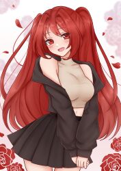  1girl absurdres bare_shoulders black_jacket black_skirt blush commentary_request commission cowboy_shot crop_top curtained_hair facing_viewer fiverr_commission flower german_commentary halter_shirt halterneck highres indie_virtual_youtuber jacket jacket_partially_removed linahirai long_hair looking_to_the_side marryofblood midriff navel open_mouth own_hands_together petals red_eyes red_hair rose rose_petals second-party_source shirt skirt sleeveless sleeveless_shirt smile solo standing thick_eyelashes two_side_up very_long_hair virtual_youtuber white_background 