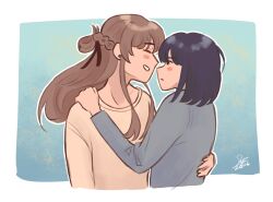  2girls black_hair blue_background blush border braid brown_hair closed_eyes commentary earrings english_commentary grey_shirt half_up_braid hand_on_another's_shoulder hand_on_another's_waist highres jewelry long_hair looking_at_another medium_hair miyagi_shiori multiple_girls open_mouth piapie06 sendai_hazuki shirt shuuniichido_classmate_wo_kau_hanashi smile stud_earrings v-shaped_eyebrows white_border yellow_shirt yuri 