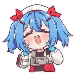  1girl blue_gloves blue_hair blush chibi closed_eyes colphne_(girls'_frontline_2) facing_viewer girls'_frontline_2:_exilium girls_frontline gloves hat medium_hair open_mouth rishe_(reeeeshe) simple_background solo upper_body white_background 