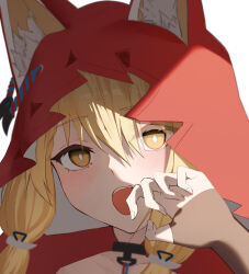  1girl animal_ear_fluff animal_ears arknights arknights:_endfield blonde_hair blush bright_pupils commentary_request ears_through_headwear fang hachimin8_(shrine_kyo) hair_between_eyes hand_up highres hood hood_ornament hood_up low-tied_sidelocks open_mouth orange_eyes red_hood rossi_(arknights) shade sidelocks simple_background skin_fang solo teeth upper_body upper_teeth_only white_background wolf_ears wolf_girl 