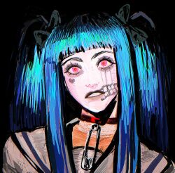  1girl 3992l77 amemiya_darumi black_background blue_hair bow choker english_commentary face_piercing facepaint facial_mark hair_bow head_tilt heart heart_facial_mark long_hair long_sidelocks looking_at_viewer makeup mouth_piercing multiple_hair_bows parted_lips piercing pink_eyes portrait red_choker runny_makeup safety_pin sailor_collar shirt sidelocks solo the_hundred_line_-last_defense_academy- twintails 