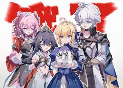  1boy 3girls ahoge artoria_pendragon_(fate) black_gloves blonde_hair blue_dress blue_eyes blue_hair bowl chinese_clothes closed_eyes clothing_cutout crossover crying dress fate_(series) gloves green_eyes hair_between_eyes hair_ornament hair_up headpiece highres holding holding_bowl honkai:_star_rail honkai_(series) long_hair long_sleeves looking_down march_7th_(honkai:_star_rail) march_7th_(hunt)_(honkai:_star_rail) multiple_girls open_mouth orange_eyes phainon_(honkai:_star_rail) pink_hair saber_(fate) saber_(honkai:_star_rail)_(fate) siro_jun stomach streaming_tears tearing_up tears translation_request wavy_hair white_hair yunli_(honkai:_star_rail) 
