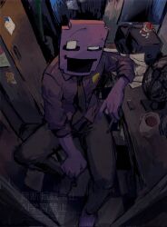  1boy badge black_necktie circus_baby_(fnaf) collared_shirt colored_skin commentary cup electric_fan five_nights_at_freddy's hashtag-only_commentary highres holding holding_pen male_focus mug necktie null_(lllllljllllljll) pants pen purple_shirt purple_skin shirt sitting watermark william_afton 