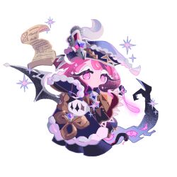  1girl black_cape black_hair black_hat black_tail black_wings bright_pupils brown_capelet cape capelet cat_tail chibi chibi_only closed_mouth colored_skin commentary cookie_run cookie_run:_kingdom demon_girl demon_wings dot_mouth dot_nose eternal_sugar_cookie eternal_sugar_cookie_(ink_for_a_tragicomedy) feathers frilled_capelet frills full_body fur_cape gem gradient_hair grey_wings hat hat_feather hat_ornament highres long_eyelashes looking_ahead medium_hair multicolored_hair official_alternate_costume official_alternate_hair_color official_alternate_hair_length official_alternate_hairstyle pink_eyes pink_skin purple_gem reed_(makuri_reed) silver_trim simple_background single_wing slit_pupils solo sparkle standing streaked_hair tail tareme two-tone_hair two-tone_wings untranslatable_commentary white_background white_eyeshadow white_feathers white_hair white_pupils wings 