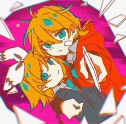  1boy 1girl ahoge aqua_eyes arm_around_shoulder arusechika bandaid bandaid_on_cheek bandaid_on_face blonde_hair bow cardigan chromatic_aberration dual_persona ego_renegade_boy_(vocaloid) grey_cardigan hair_between_eyes hair_bow highres holding hood hood_down hoodie kagamine_len kagamine_rin long_sleeves looking_at_viewer official_artist_extra ponytail protecting red_hoodie shirt short_hair short_ponytail tears vocaloid white_bow white_shirt 