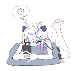  1girl airi_kanna antlers barefoot bean_bag_chair blue_eyes blush cellphone colored_tips commentary_request dolphin_shorts ear_blush feet foreshortening full_body highres holding holding_phone horns korean_commentary legs_up long_hair lying multicolored_hair on_stomach partially_colored phone scales_(airi_kanna) short_shorts shorts smartphone solo speech_bubble spoken_character sseonyu stellive straight_hair strap_slip streaked_hair thought_bubble virtual_youtuber 