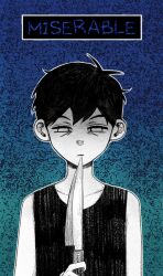  1boy antenna_hair black_hair black_tank_top closed_mouth collarbone double-parted_bangs english_text hair_between_eyes highres holding holding_knife knife krerue male_focus omori omori_(omori) sad short_hair solo squinting tank_top upper_body white_eyes 