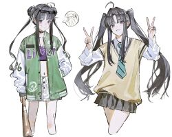  1girl aqua_necktie awa_subaru bandaid bandaid_on_face bandaid_on_leg baseball_bat black_choker black_nails black_skirt blush choker collared_shirt commentary_request cropped_legs double_bun double_v eyewear_on_head fingernails girls_band_cry green_jacket hair_bun hair_ribbon hand_in_pocket highres holding holding_baseball_bat jacket light_blush long_hair long_sidelocks long_sleeves looking_at_viewer lunifish midriff multicolored_jacket multiple_views nail_polish navel necktie open_clothes open_jacket purple_jacket ribbon shirt sidelocks simple_background skirt smile solo sweater_vest teeth twintails v violet_eyes white_background white_jacket white_ribbon white_shirt white_skirt yellow_sweater_vest 