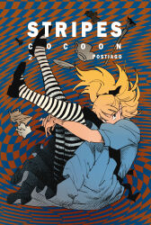  1girl alice's_adventures_in_wonderland alice_(alice_in_wonderland) black_eyes black_pantyhose black_ribbon black_shoes blonde_hair blue_background blue_dress blunt_bangs covered_mouth crumpled_paper cup dress dress_ribbon english_text falling floating_hair full_body grid_background hair_ribbon highres hugging_own_legs legs_up long_hair looking_to_the_side mary_janes medium_dress orange_background paint_tube paintbrush pantyhose paper postiago puffy_short_sleeves puffy_sleeves ribbon sanpaku saucer screw shoes short_sleeves simple_background solo striped_clothes striped_pantyhose teacup tsurime two-tone_background two-tone_pantyhose white_pantyhose 