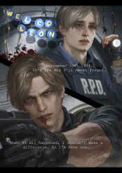  1boy absurdres before_and_after blonde_hair blood gun highres holding holding_gun holding_weapon j_kaluzhnaya leon_s._kennedy light_machine_gun machine_gun male_focus police police_uniform remembering resident_evil resident_evil_requiem rpd solo split_theme weapon 