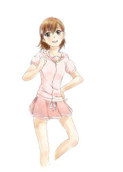  1girl :d absurdres asymmetrical_bangs bare_arms brown_eyes brown_hair commentary cropped_legs feet_out_of_frame flower_hairpin hair_between_eyes hand_on_own_hip hand_up highres hood hood_down hooded_jacket jacket light_blush looking_at_viewer medium_hair miniskirt misaka_mikoto open_mouth pink_jacket pink_skirt pleated_skirt short_sleeves simple_background skirt smile solo teeth toaru_majutsu_no_index toaru_majutsu_no_index:_new_testament tobe! untranslatable_commentary upper_teeth_only white_background 