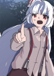 1girl :o anger_vein blunt_bangs clouds collarbone commentary_request finger_wagging fujiwara_no_mokou grey_background grey_shirt kegya_(kagiya_hourai) long_hair long_sleeves one-hour_drawing_challenge open_mouth overlighting pants red-eye_effect red_pants red_suspenders shirt shouting solo teeth touhou translation_request upper_teeth_only v-shaped_eyebrows very_long_hair white_hair 