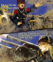  2girls artillery bayonet blonde_hair blue_coat blue_eyes brown_hair coat combat_helmet cowboy_shot dated english_text epaulettes firing france franco-prussian_war from_side germany gold_buttons hand_on_own_hip hat helmet highres long_hair long_sleeves medium_hair military_hat military_uniform multiple_girls mykokampfwagen open_mouth original pickelhaube profile reaching shoulder_pads soldier upper_body weapon 