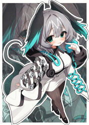  1girl absurdres arknights between_breasts black_pantyhose blush breasts chibi chibi_only closed_mouth coat commentary_request dress feathered_wings fingerless_gloves full_body gloves grey_hair hair_between_eyes hand_up head_wings highres ho'olheyak_(arknights) long_sleeves looking_at_viewer medium_hair open_clothes open_coat pantyhose pencil_dress snake_tail solo strap_between_breasts tail tongue tongue_out user_cumn8532 white_dress white_gloves wings 