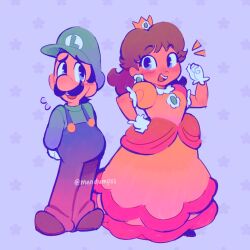  1boy 1girl arms_behind_back artist_name blue_eyes blue_overalls brown_hair crown dress earrings facial_hair flower_earrings full_body gloves green_hat green_shirt hand_on_own_hip happy hat highres jewelry long_hair long_sleeves looking_at_another looking_at_viewer luigi mandumpss mustache open_mouth orange_dress overalls princess princess_daisy puffy_short_sleeves puffy_sleeves shirt shoes short_hair short_sleeves shy simple_background super_mario_bros. white_gloves 
