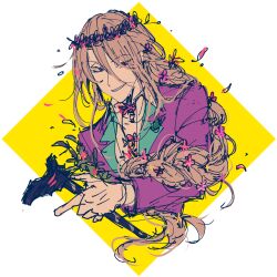  1boy braid brown_hair cane commentary_request fate/grand_order fate_(series) grin hair_between_eyes head_wreath highres holding holding_cane jacket long_hair long_sleeves looking_at_viewer male_focus purple_jacket smile solo tkc_(tkoshinchan) wolfgang_amadeus_mozart_(fate) 