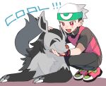  1boy :d affectionate beanie blush_stickers brendan_(pokemon) bright_pupils closed_eyes commentary_request fingernails happy hat male_focus mightyena momotose_(hzuu_xh4) open_mouth pants petting pokemon pokemon_(creature) pokemon_adventures red_eyes shoes short_sleeves smile squatting tongue white_background white_headwear white_pupils wristband 