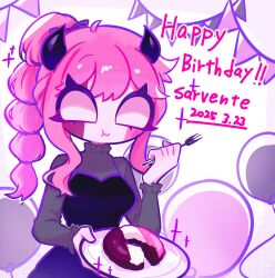  1girl 2025 :t asymmetrical_sidelocks balloon black_dress black_horns blank_eyes border bow breasts character_name closed_mouth colored_skin commentary_request cxolzayti1bx36l dated deformed demon_girl demon_horns double-parted_bangs doughnut dress eating english_text eyes_visible_through_hair food fork friday_night_funkin' frilled_shirt frilled_sleeves frills hair_bow halftone halftone_background hand_up happy_birthday high_ponytail highres holding holding_fork holding_plate horns long_hair long_sleeves looking_at_viewer medium_breasts multi-tied_hair outside_border pink_hair pink_skin plate ponytail purple_border purple_bow sarvente_(friday_night_funkin') see-through_clothes see-through_shirt shirt sidelocks simple_background sleeveless sleeveless_dress smile solo spaghetti_strap sparkle tareme turtleneck turtleneck_shirt upper_body very_big_eyes white_background 