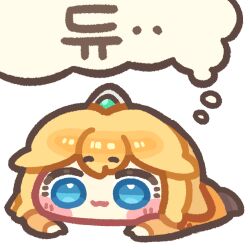  1girl blonde_hair blue_eyes chibi chibi_only commentary_request crown full_body guardian_tales korean_commentary korean_text little_princess_(guardian_tales) lying monyami on_stomach outline short_hair solo speech_bubble thought_bubble translation_request white_outline 
