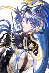  1girl absurdres arknights astgenne_(arknights) astgenne_the_lightchaser_(arknights) black_sleeves blue_eyes blue_hair feather_hair flipped_bangs floating_hair gloves goggles goggles_on_head hand_up highres holding holding_wand index_fingers_raised looking_at_viewer mikannisan one_eye_closed ponytail raglan_sleeves smile smirk solo upper_body wand white_background 