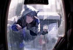  2girls animal_ear_fluff animal_ears arknights blue_gloves blue_hair chibi commentary condensation english_commentary fingerless_gloves gloves hair_ornament hairclip highres kkuduck_illust lappland_(arknights) lappland_the_decadenza_(arknights) looking_inside multiple_girls necktie rain security_shutter shirt sleeve_cuffs suit texas_(arknights) texas_the_omertosa_(arknights) trembling umbrella white_hair white_shirt window_fog wolf_ears wolf_girl 