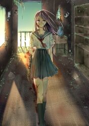  1girl absurdres black_hair black_socks blood blood_on_arm blood_on_clothes blood_on_face blood_on_leg bookshelf calendar_(object) choppy_bangs commentary_request evening feet_out_of_frame grey_sailor_collar grey_skirt highres indoors long_hair looking_at_viewer mechanical_arms mole mole_under_eye neckerchief original photo_(object) picture_frame pleated_skirt post-apocalypse prosthesis prosthetic_arm red_neckerchief ruins sad sailor_collar school_uniform serafuku shirt short_sleeves single_mechanical_arm skirt socks solo user_dssc7535 vase walking white_shirt 