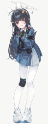  1girl @_@ absurdres animal_ears black_gloves black_hair blue_archive blue_serafuku blue_shirt blue_skirt commentary_request fake_animal_ears full_body gloves green_neckerchief grey_background grey_halo halo hands_up higa_(gominami) highres knee_pads leaf leaf_on_head long_hair long_sleeves miyu_(blue_archive) neckerchief pantyhose parted_lips rabbit_ears red_eyes sailor_collar school_uniform serafuku shirt shoes simple_background single_knee_pad skirt small_sweatdrop solo standing sweat very_long_hair white_pantyhose white_sailor_collar white_shoes 