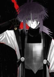  1boy absurdres alternate_universe antenna_hair arm_at_side armor black_background black_gloves black_sclera black_sweater buttons carrying_over_shoulder chinese_commentary closed_mouth coat colored_sclera commentary_request curtained_hair elbow_gloves film_grain flipped_hair frisk_(undertale) gloves gold_necklace grey_armor hanbaobaobaozhu hand_up hatching_(texture) heart heart_necklace highres holding holding_behind_back holding_knife holding_weapon_behind_back jewelry knife light_frown liquid_from_eyes long_hair looking_at_viewer low_ponytail male_focus necklace open_clothes open_coat over_shoulder plate_armor ponytail purple_hair ringed_eyes serious shaded_face sidelocks simple_background solo straight-on sweater three-quarter_sleeves turtleneck turtleneck_sweater undertale unusually_open_eyes unworn_jewelry unworn_necklace upper_body utdr_(toby_fox) violet_eyes weapon weapon_over_shoulder white_coat xtale 