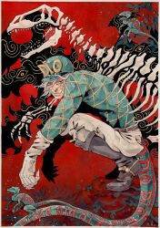  1boy aqua_bow aqua_helmet aqua_sweater argyle_clothes argyle_sweater belt black_boots boots bow brown_belt clawed_gauntlets crack cracked_wall diego_brando dinosaur dinosaur_skeleton dinosaur_tail english_commentary from_side gloves grey_gloves grey_hair grey_pants hat hat_bow helmet highres jojo_no_kimyou_na_bouken long_sleeves looking_at_viewer male_focus painting_(medium) pants red_eyes scary_monsters_(stand) short_hair solo squatting stand_(jojo) steel_ball_run sweater tail traditional_media watercolor_(medium) xfkart 