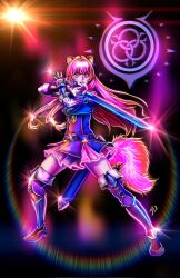  1girl abstract_background animal_ear_fluff animal_ears armor armored_boots belt black_belt black_dress boots breastplate breasts brown_armor brown_boots brown_gloves brown_hair clenched_teeth commentary commission dress elbow_gloves english_commentary full_body glint gloves glowing grey_boots highres leather leather_armor leather_gloves long_hair long_sleeves looking_ahead medium_breasts metal_arm_cuffs metal_wrist_cuffs multicolored_boots open_mouth pesceffects pinstripe_dress pinstripe_pattern purple_light raccoon_ears raccoon_girl raphtalia red_dress red_eyes short_dress signature slave_brand sleeveless sleeveless_dress solo standing tate_no_yuusha_no_nariagari teeth thigh_boots two-tone_boots two-tone_dress v-shaped_eyebrows white_dress zettai_ryouiki 