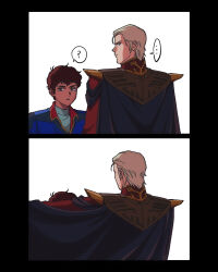  ... 2boys amuro_ray back black_cape blonde_hair blue_eyes brown_hair cape char's_counterattack char_aznable commentary_request epaulettes gundam highres jacket long_sleeves looking_at_viewer looking_back male_focus military_uniform multiple_boys neo_zeon science_fiction short_hair simple_background speech_bubble spoken_ellipsis yy0880yy zeon 