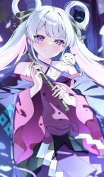  1girl animal_ears bare_shoulders blue_eyes blue_hoodie blue_kimono blush cho_kaguya-hime! colored_inner_hair commentary_request cowboy_shot crescent crescent_hair_ornament dot_eyebrows forehead_jewel gradient_eyes gradient_hair grey_hair hair_ornament hair_rings hair_stick highres holding holding_umbrella hood hoodie japanese_clothes kimono long_hair lop_rabbit_ears multicolored_eyes multicolored_hair night nosuke_tmg octopus oil-paper_umbrella outdoors pink_hair purple_kimono rabbit_ears runami_yachiyo sea_slug sky smile solo solo_focus star_(sky) twintails umbrella umbrella_octopus upper_body violet_eyes white_hair 