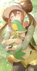1girl black_pantyhose blush breasts brown_hair closed_eyes donut_hair_bun double_bun hair_bun hat heart highres holding holding_phone ippers long_hair pantyhose pantyhose_under_shorts parted_lips phone pokemon pokemon_(creature) pokemon_bw2 raglan_sleeves rosa_(pokemon) shirt shorts snivy twintails visor_cap yellow_shorts
