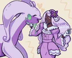  1girl artist_name closed_eyes commentary dark-skinned_female dark_skin dress english_commentary eyelashes fascinator friend_ball frilled_dress frills gloves goodra hand_on_another's_chin hat heart highres holding holding_poke_ball jacinthe_(pokemon) long_hair long_sleeves mega_stone neontrickery open_mouth pink_eyes poke_ball pokemon pokemon_(creature) pokemon_legends:_z-a purple_dress purple_hair purple_hat slime_(substance) smile very_dark_skin very_long_hair white_gloves yellow_background 