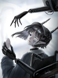  1girl absurdres arknights artist_name asymmetrical_hair black_hair black_horns black_shirt blue_eyes chinese_commentary commentary_request facing_away hand_up head_back heterochromia highres horns looking_back material_growth mechanical_arms mechanical_hands oripathy_lesion_(arknights) partially_blind pointy_ears shirt short_hair smile solo turning_head upper_body veronica607 welding_mask wheelchair white_eyes whitesmith_(arknights) 