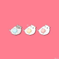  animal animal_focus commentary eating food hamster heart highres lying macaron no_humans on_back original pink_background simple_background untranslatable_commentary upiupisyo 