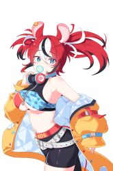  1girl absurdres animal_ears belt black_hair blue_eyes breasts cafelittle chewing_gum commentary hakos_baelz headphones highres hololive hololive_english jacket large_breasts mouse_ears mouse_girl mouse_tail multicolored_hair orange_jacket red_hair simple_background solo tail transparent_background under_boob virtual_youtuber white_belt white_hair 