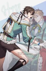  2boys black_gloves black_shorts blonde_hair box box_of_chocolates brown_eyes brown_hair chocolate couch crossed_legs eiden_(nu_carnival) food fur-trimmed_jacket fur_trim gem gloves happy_white_day highres holding holding_chocolate holding_food jacket legwear_garter looking_back mandarin_collar multiple_boys nu_carnival orange_eyes pants quincy_(nu_carnival) riba_river short_hair shorts sitting socks white_day white_gloves white_pants yellow_gem 